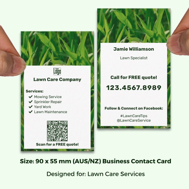 Modern Logo List QR Call to Action Lawn Care Business Card (Modern Logo List QR Call to Action Lawn Care Business Card, size 90 x 55 mm (AUS/NZ))