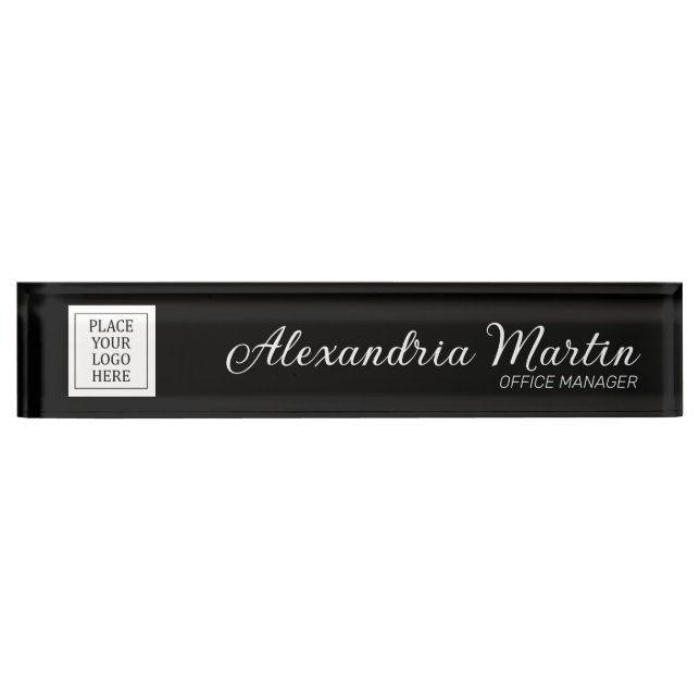 Modern Logo Name Title Elegant Script Black Nameplate (Front)