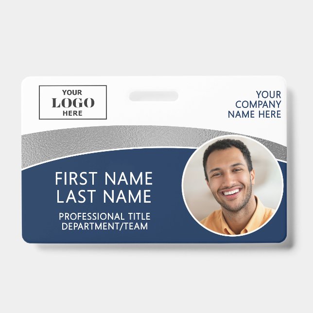 Modern Logo Photo ID Barcode Employee Name Badge (Front)