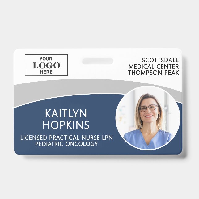 Modern Logo Photo ID Barcode Nurse Name Badge (Front)
