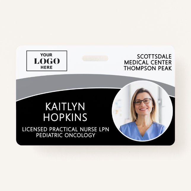 Modern Logo Photo ID Barcode Nurse Name ID Badge (Front)