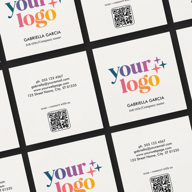 Modern Logo QR Code Basic Business Card (Front and back of 2.5 inch square business card. Choose a corner and paper style.)