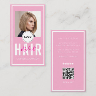 Modern Logo QR Code Blush Pink White Hair Stylist  Business Card