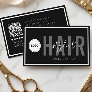 Modern Logo QR Review Black White Hair Stylist Business Card