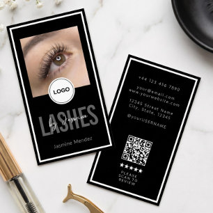 Modern Logo QR Review Black White Lash Artist Business Card