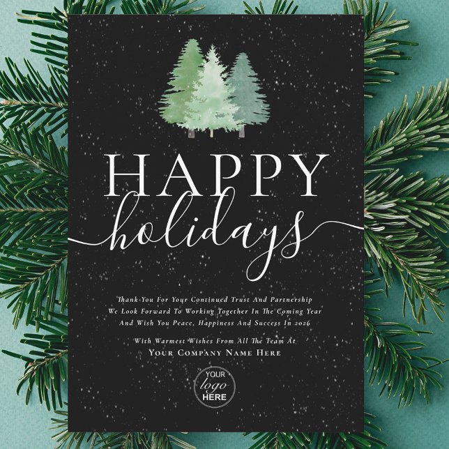 Modern Logo Watercolor Festive Pine Trees Business Holiday Card (Modern logo festive trees happy holiday business black and white greeting card Elegant script)