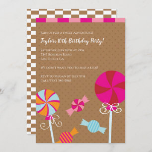 Modern Lollipop : Pink Brown Candy Birthday Party Invitation