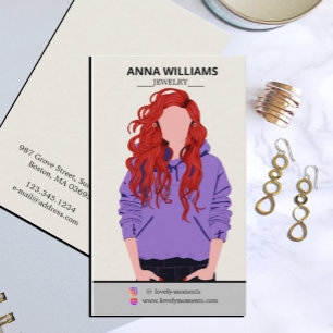 Modern long curly Red Hair Girl Earring Display Business Card