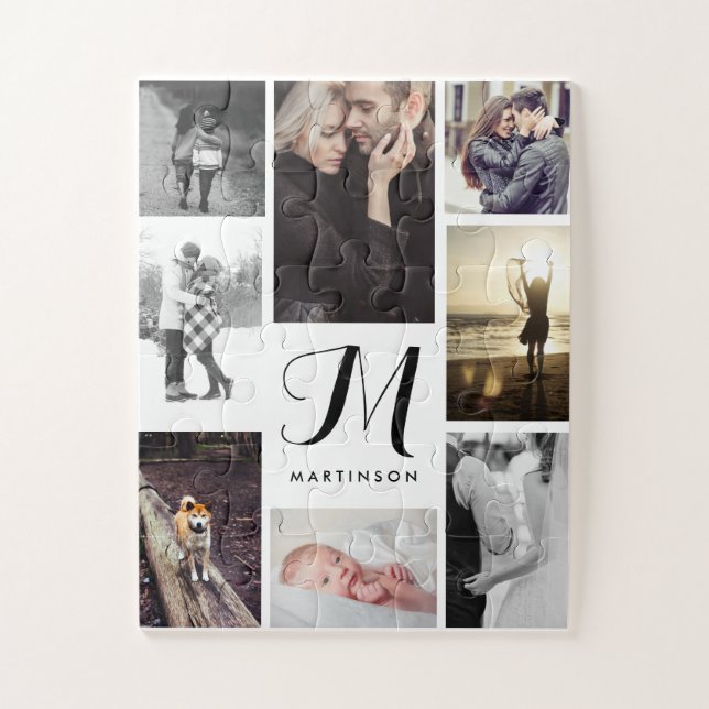 Modern Look Monogram and Photos Black and White Jigsaw Puzzle (Vertical)