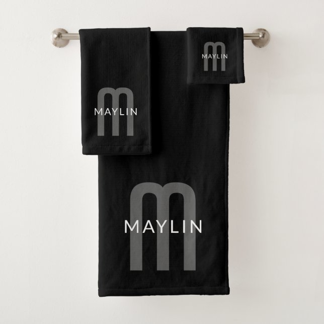 Modern Looking Monogrammed Name | Black Grey White Bath Towel Set (Insitu)