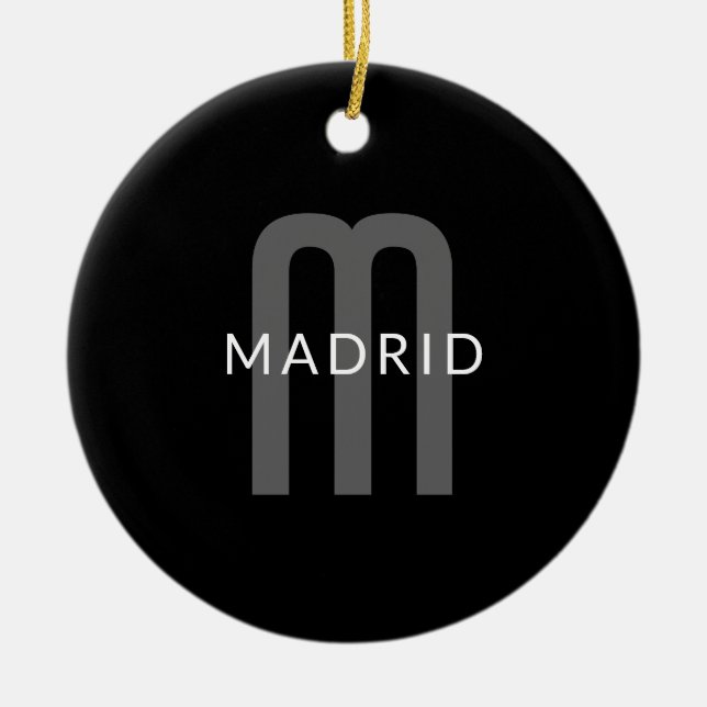 Modern Looking Monogrammed Name | Black Grey White Ceramic Tree Decoration (Front)