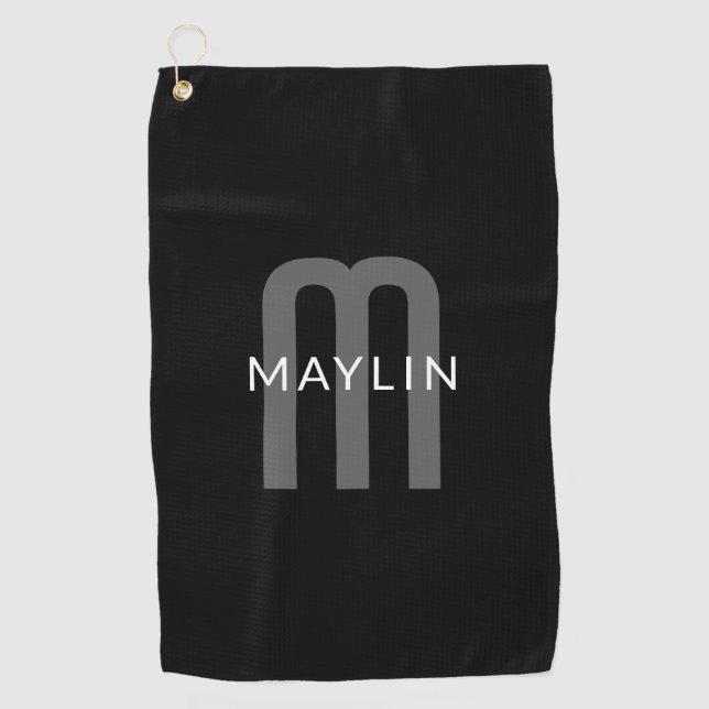 Modern Looking Monogrammed Name | Black Grey White Golf Towel (Front)