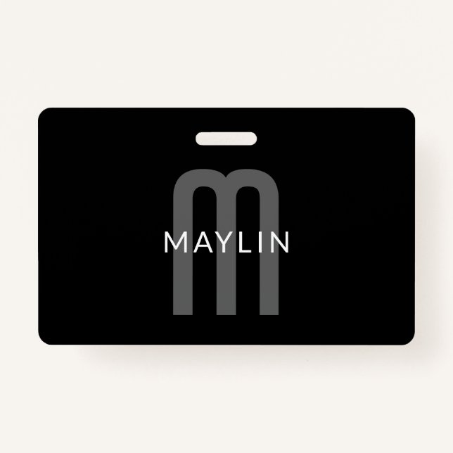 Modern Looking Monogrammed Name | Black Grey White ID Badge (Front)