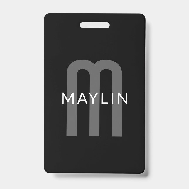 Modern Looking Monogrammed Name | Black Grey White ID Badge (Front)
