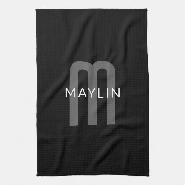 Modern Looking Monogrammed Name | Black Grey White Tea Towel (Vertical)