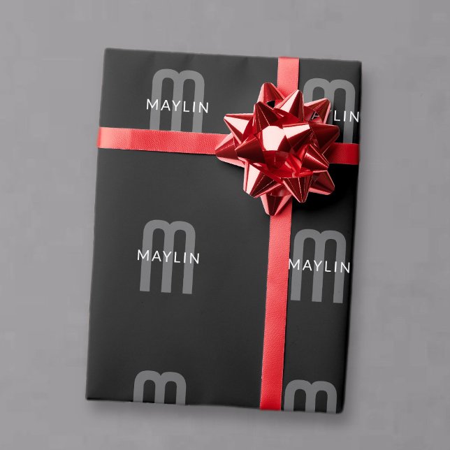 Modern Looking Monogrammed Name | Black Grey White Wrapping Paper (Creator Uploaded)