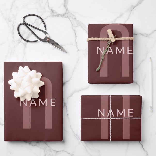 Modern Looking Monogrammed Name | Maroon Red Wrapping Paper Sheet (Front)