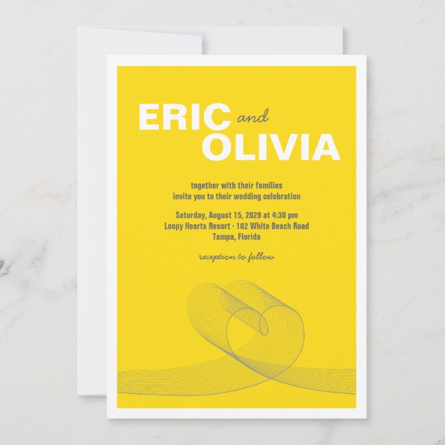 Modern Loopy Heart Love Line Yellow Wedding Invite (Front)