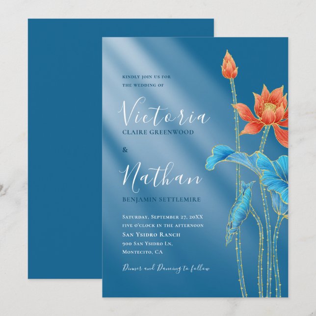 Modern Lotus Flowers Blue Wedding Invitation (Front/Back)