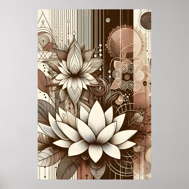 Modern Lotus Flowers In Sepia Poster (Front)