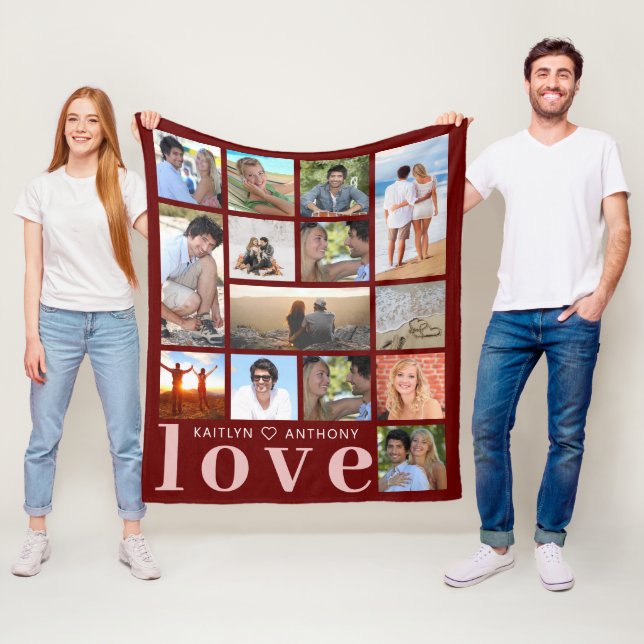 Modern LOVE 14 Photo Collage Custom Colour Fleece Blanket (In Situ)