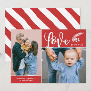 Modern Love and Peace Two Photo Red Holiday Card