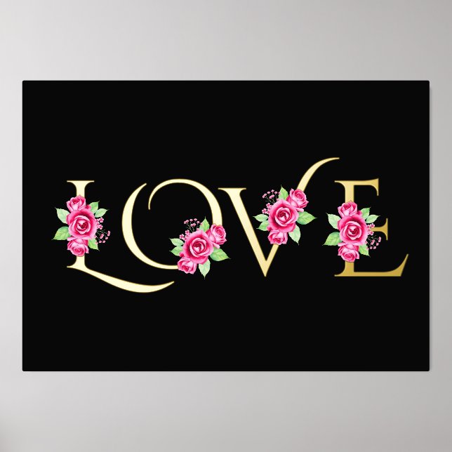 Modern "Love" and pink rose bouquets black Foil Prints (Front)