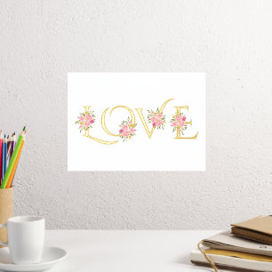 Modern "Love" and pink rose bouquets white Foil Prints