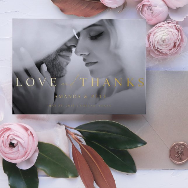 Modern Love and Thanks 2 Photo Wedding Foil Holiday Card (Grateful Hearts, Happy Beginnings.)