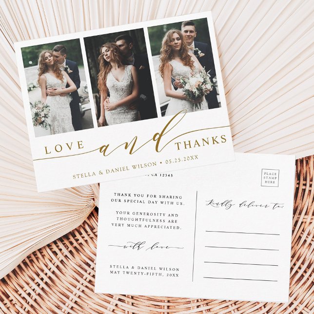 Modern Love and Thanks 3 Photo Wedding Thank You Postcard (Front & Back)