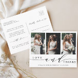 Modern Love and Thanks 3 Photo Wedding Thank You Postcard<br><div class="desc">Simple and modern 3 photo thank you postcard. This card can be used for a wedding,  bridal shower,  engagement,  anniversary,  or any special event. For more advanced customisation of this design,  please click the Customise Further link to change the font,  size,  colour,  etc.</div>