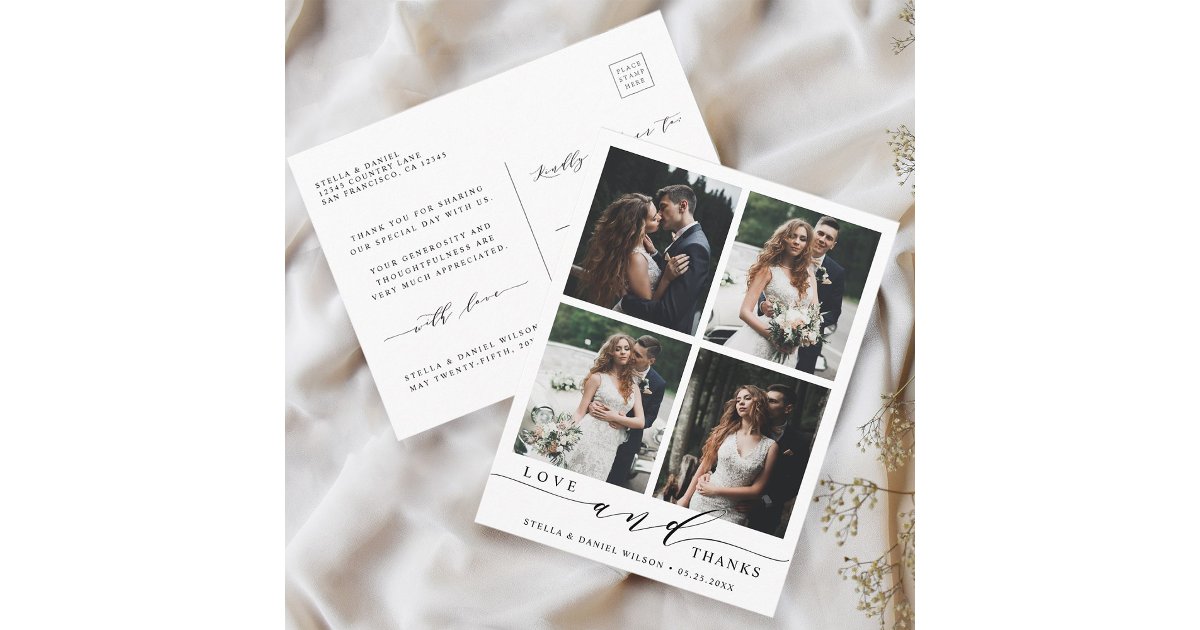 Modern Love and Thanks 4 Photo Wedding Thank You Postcard | Zazzle