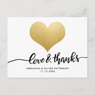 Modern Love And Thanks Faux Gold Foil Heart Postcard