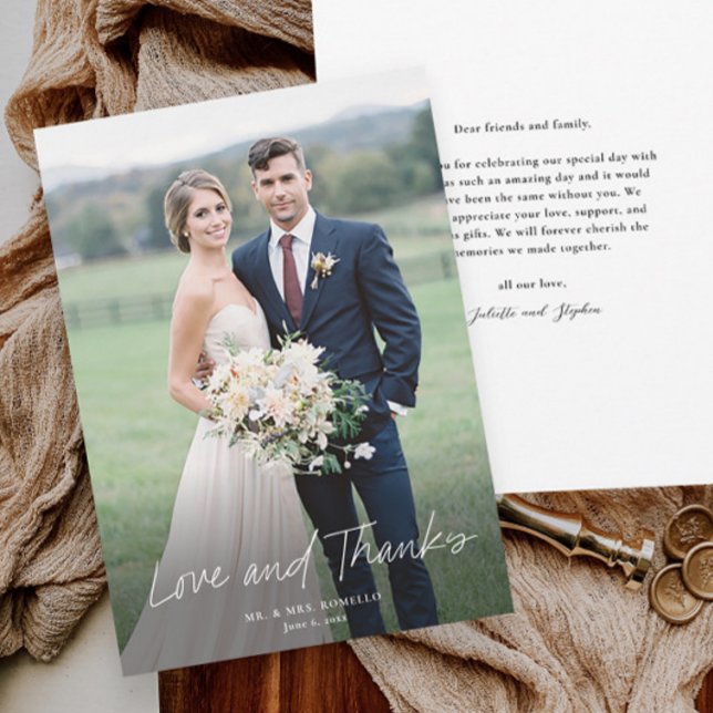 Modern Love and Thanks Script Photo Wedding  Thank You Card (Elegant simple love and thanks script photo wedding thank you card with message from couple on back.)