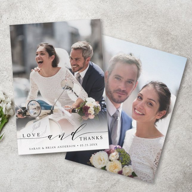 Modern Love and Thanks Wedding 2 Photo Thank You Card (Front & Back)