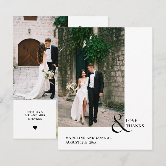 Modern Love and Thanks Wedding Photo Collage Thank You Card (Front/Back)
