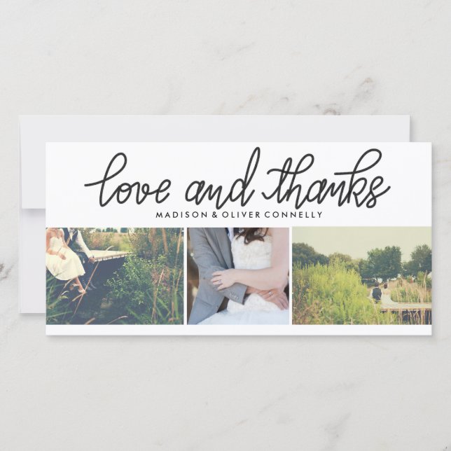 Modern Love And Thanks Wedding Three Photo Collage Thank You Card (Front)