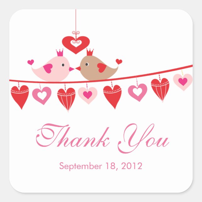 Modern Love Bird Hearts Bridal Shower Thank You Square Sticker (Front)