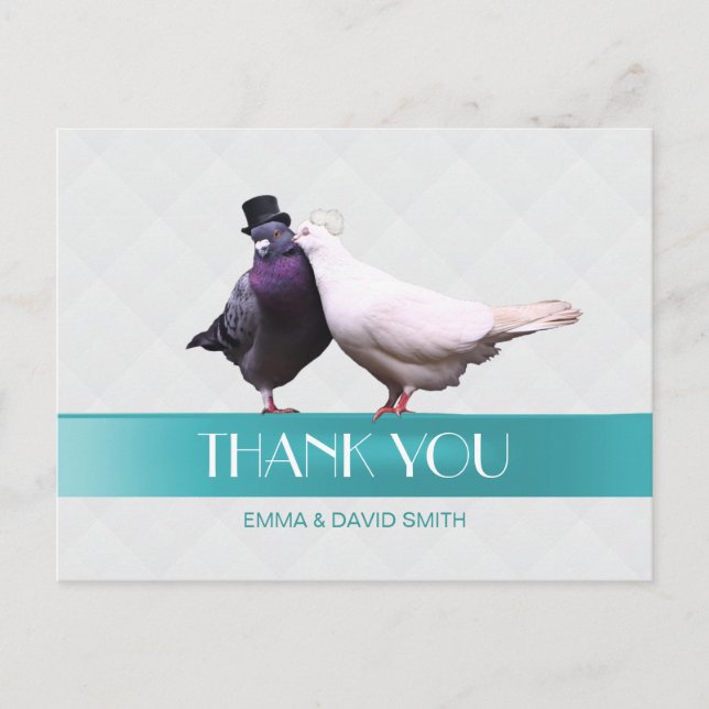 Modern Love Birds Blue Ribbon Thank You Postcard (Front)