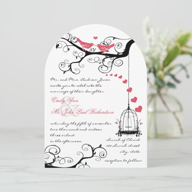 Modern Love Birds Pink Wedding Invite (Standing Front)