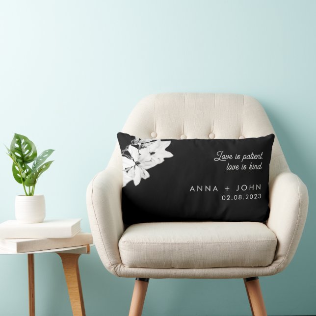 Modern Love Black Magnolia Floral Wedding Keepsake Lumbar Cushion (Chair)