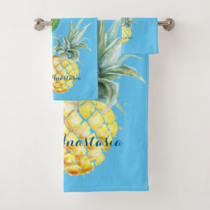 Modern Love Blue Pineapple and Cactus Bath Towel Set