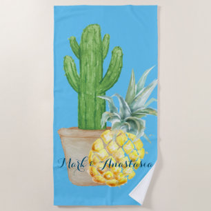 Modern Love Blue Pineapple and Cactus Beach Towel