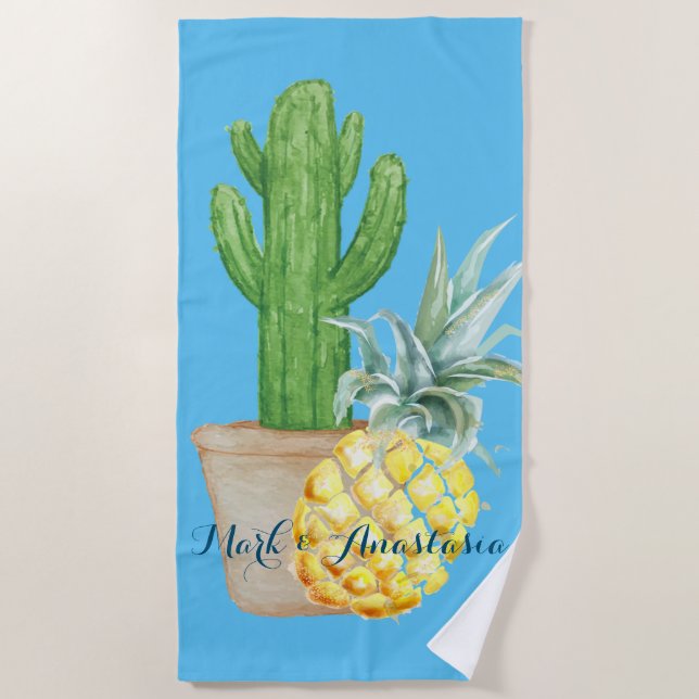Modern Love Blue Pineapple and Cactus Beach Towel (Front)