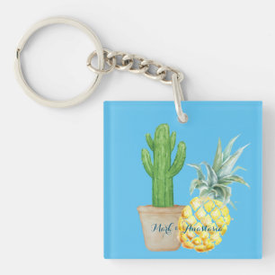 Modern Love Blue Pineapple and Cactus Key Ring