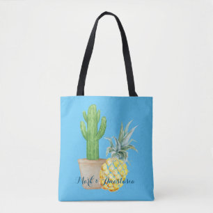 Modern Love Blue Pineapple and Cactus Tote Bag