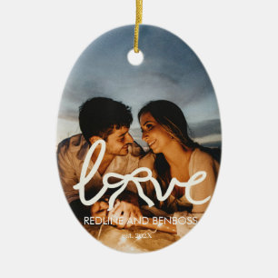 Modern Love Bow Typography Couple Custom Photo Ceramic Tree Decoration
