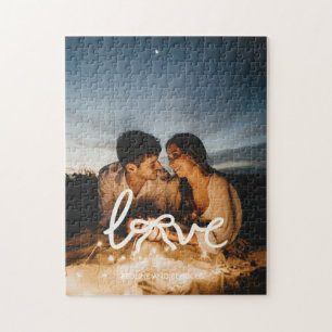 Modern Love Bow Typography Couple Custom Photo Jig Jigsaw Puzzle