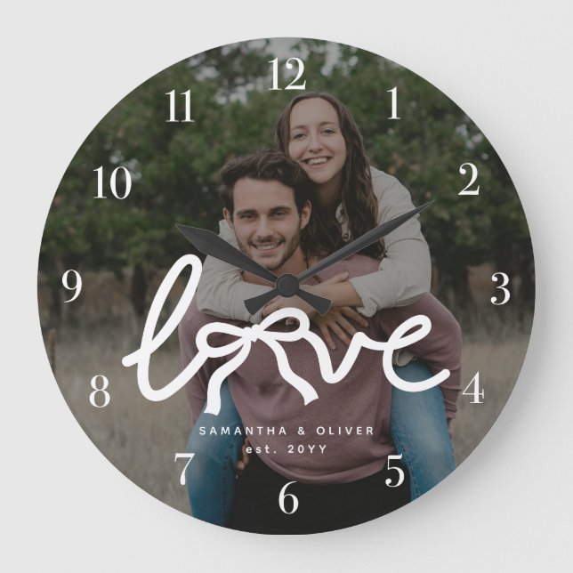 Modern Love Bow Typography Couple Custom Photo Large Clock (Front)
