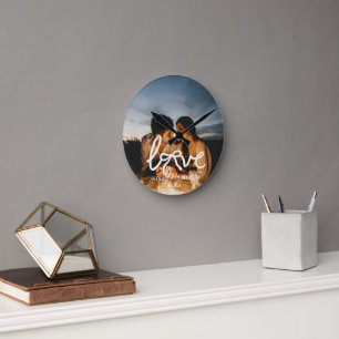 Modern Love Bow Typography Couple Custom Photo  Round Clock
